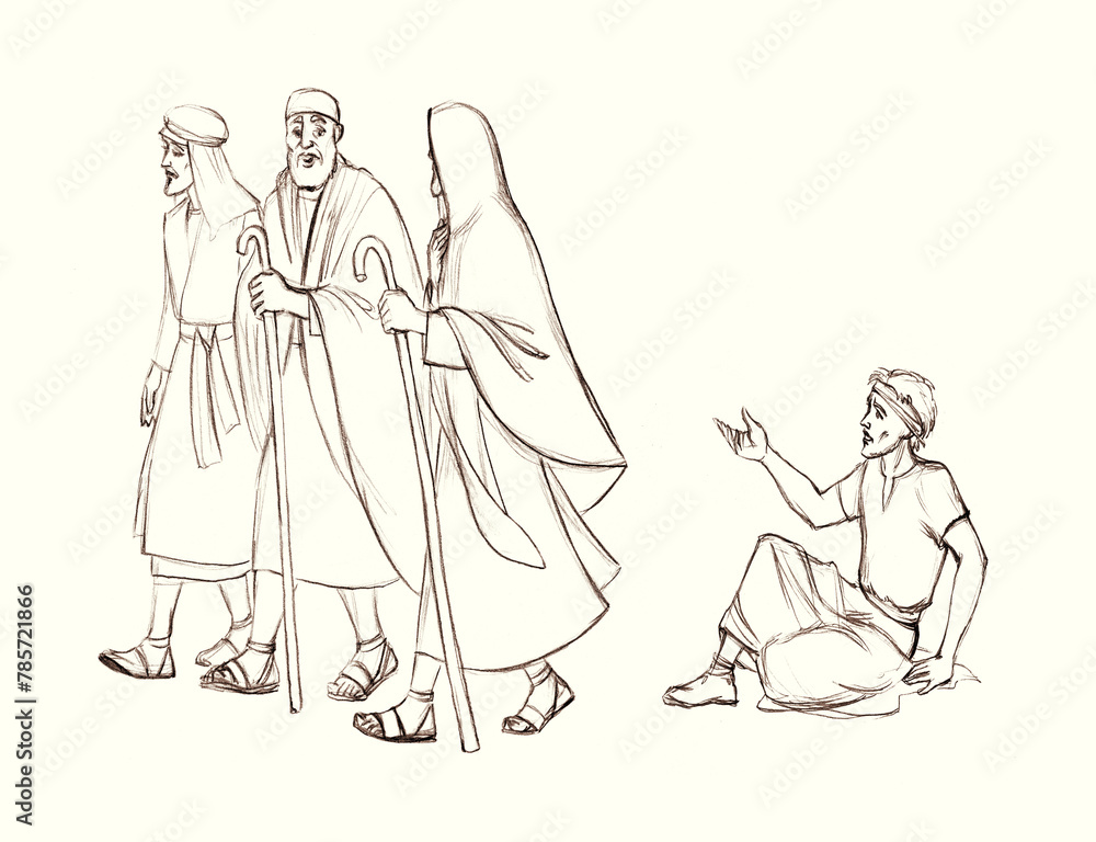Blind Bartimaeus asks Christ for healing by the roadside
