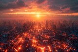 Dazzling sunset view over a cityscape illusion with vibrant glowing, interconnected lines mimicking roads