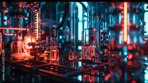 Steampunk Laboratory Exploration with Vibrant Neon Lights.