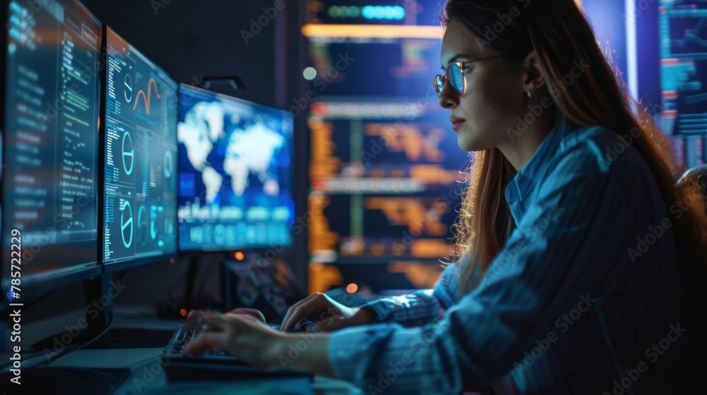 Female Programmer Coding at Night in Modern Office Female Programmer Coding at Night in Modern Office