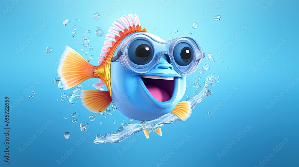 yellow fish in sunglasses on blue background