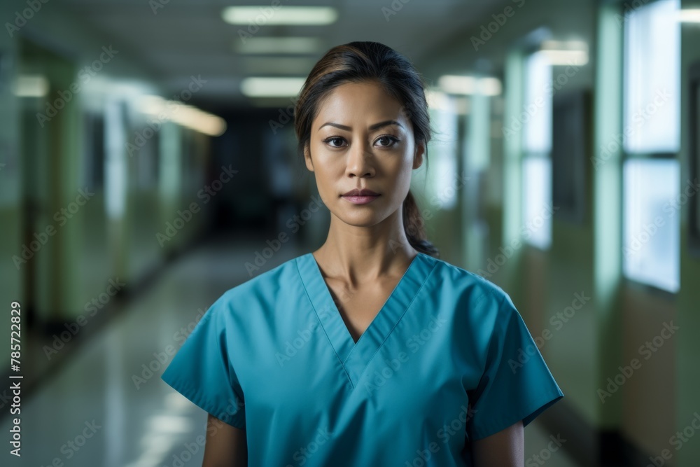 Fototapeta premium Female nurse standing on a hallway serious face