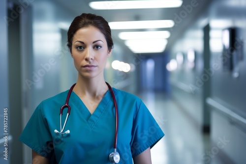 Female nurse standing on a hallway serious face