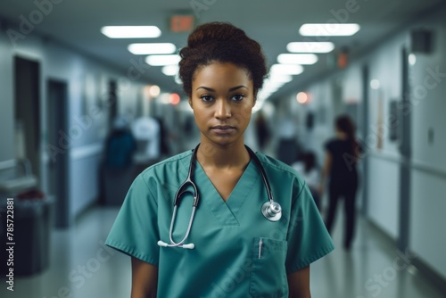 Female nurse standing on a hallway serious face