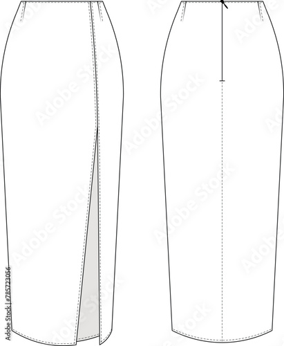with slit darted zippered  body-con straight midi long maxi skirt template technical drawing flat sketch cad mockup fashion woman design style model jean denim leather
