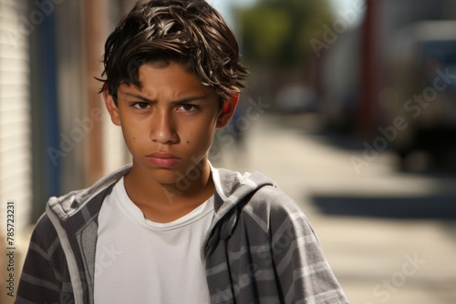 Troubled teenager boy serious sad face on street