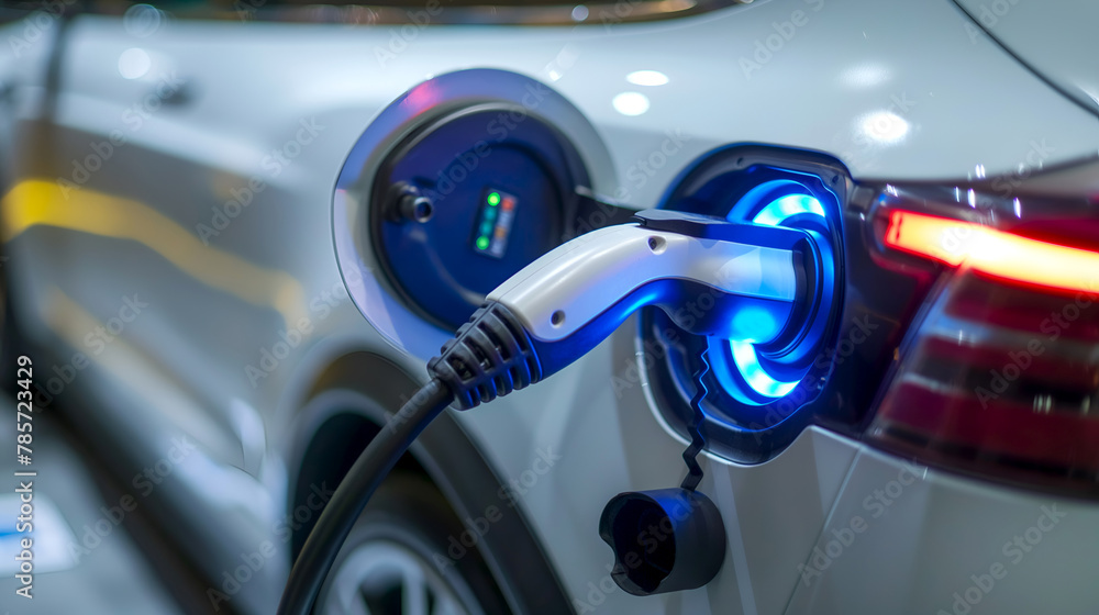 EV charger illuminated by blue light at night. Nighttime charging of an electric vehicle. Glowing charger connected to an EV. EV charger illuminated by blue light at night. Nighttime charging of an electric vehicle. Glowing charger connected to an EV.