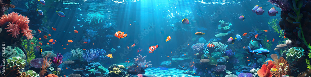 Fototapeta premium Coral Reef Adventure: 3D Model of an Underwater Playground with Playful Sea Creatures