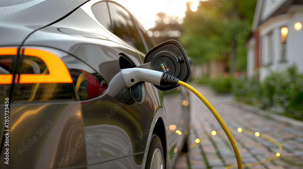 Electric car being charged on a sunny day. Eco-friendly electric vehicle charging in the daylight. Sunlit EV charging in a residential area