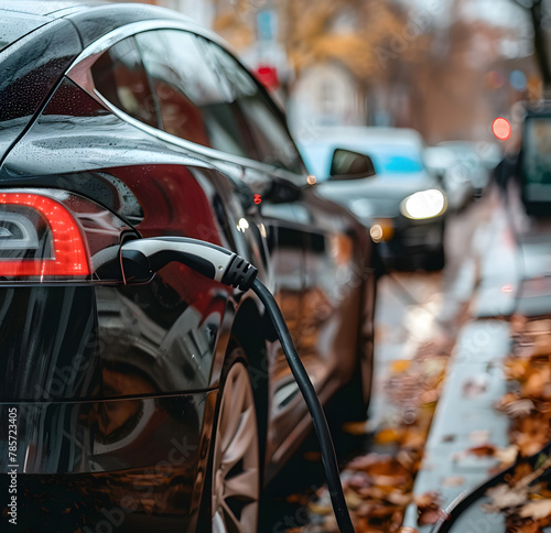 Electric car charging at a street station on rainy fall day. Urban eco-friendly transportation, electric vehicle charging. Sustainable travel concept, EV charging, public space, autumn, fallen leaves