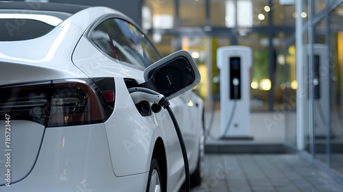 Electric vehicle at a charging station with office buildings. Corporate electric car charging outside a business center. White EV charging in an urban setting