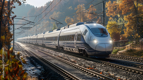 A high-speed train is rushing along the tracks.