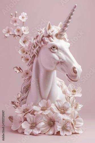 A whimsical portrayal of a white unicorn with a glimmering horn, surrounded by delicate flowers against a soft pink backdrop, invoking a magical feel