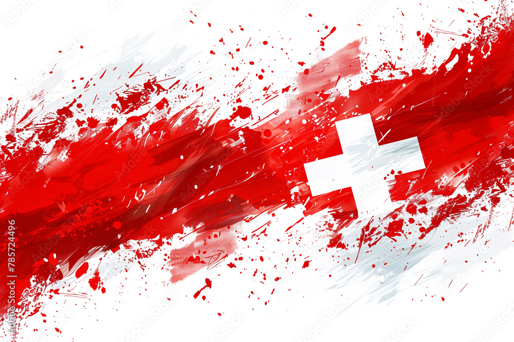  An abstract depiction of the Swiss flag in bold red brushstrokes with a pristine white cross - obrazy, fototapety, plakaty 