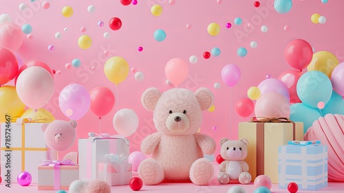 Vibrant Celebration: A festive scene of colorful balloons, plush toys, and gift boxes against a pink backdrop.