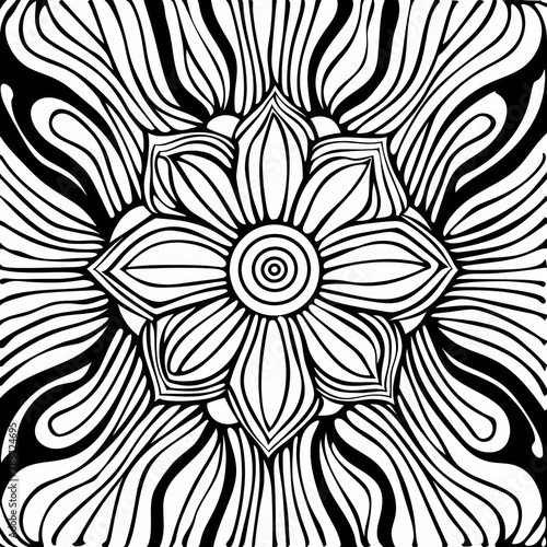 Intricate black and white abstract design with floral elements, resembling a mandala with a hypnotic, symmetrical pattern