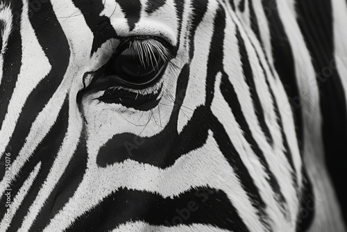 Macro shot of zebra eye with detailed stripes  a powerful image of wildlife and the animal s gaze.  