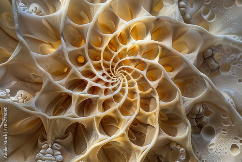 Natural nautilus shell pattern in close-up, showcasing the intricate beauty of golden ratio spiral in soft hues.