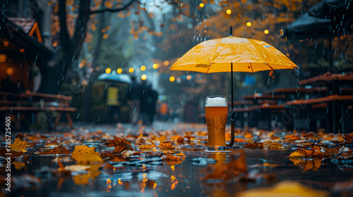 A yellow umbrella is seen resting on top , A glass of beer with bubbles on the top 