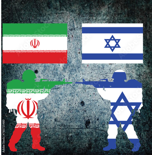 Iran vs Israel war conflict vector graphics illustration template. Israel vs Iran war concept with grunge world map Silhouette black and white art. EPS File