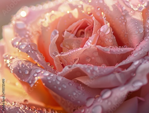 Beautiful pink rose with small drops of water close-up. Flower Macro photography