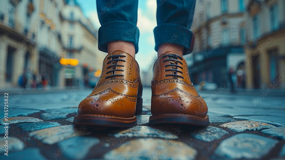 Close view of men's leather boots of a businessman in a big city Close view of men's leather boots of a businessman in a big city