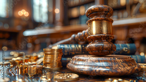 Judge's gavel on the table covered with money and gold coins, concept law and order corruption