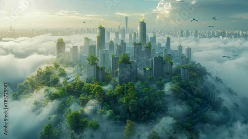 Futuristic eco-friendly green city of the future with skyscrapers and large buildings in harmony with nature