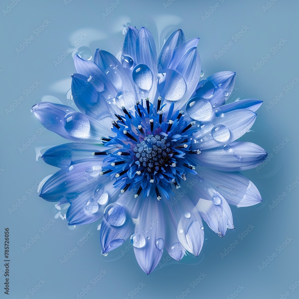 Fototapeta premium Beautiful blue Aster with small drops of water close-up. Aster flower Macro photography