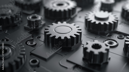 Monochrome 3D-Darstellung von Zahnrädern, Technische Darstellung, Abstrakter Hintergrund im Querformat