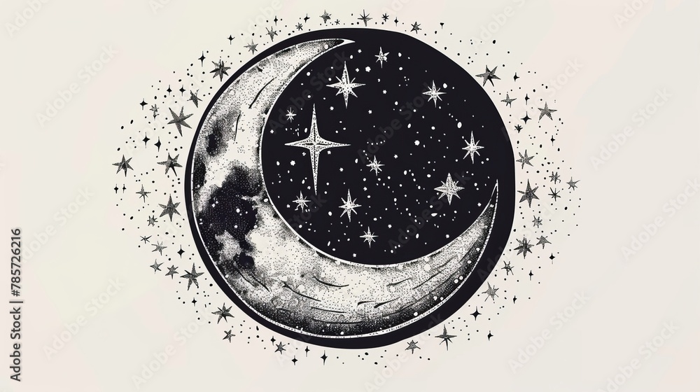 Drawing of a crescent moon and stars in an oldfashioned