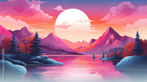 Jolie illustration d'un coucher ou lever de soleil. Illustration colorée, pleine de couleurs. Paysage, montagnes, arbres, nuages, eau. Pour conception et création graphique. photo