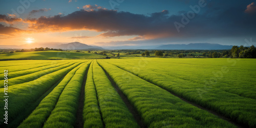 Green summer grass field with mountains, cloudy sky