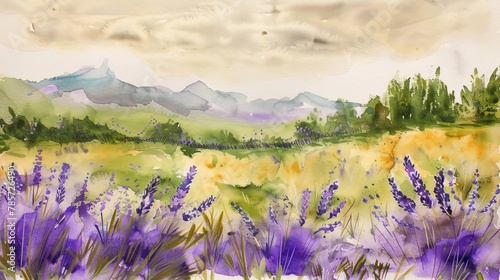 Serene landscape showcasing a vibrant field of lavender with distant mountains, painted in watercolor to capture the essence of nature's beauty