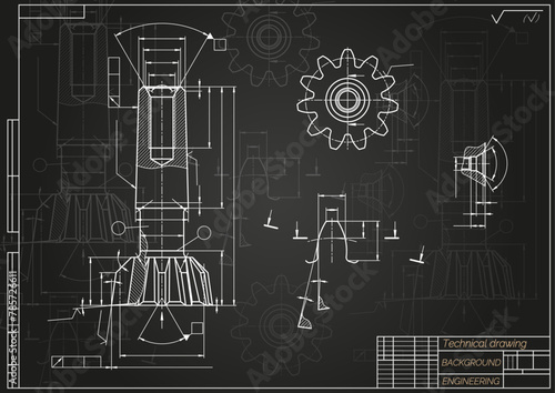 Mechanical engineering drawings on black background. Tap tools, borer. Technical Design. Cover. Blueprint. Vector illustration.