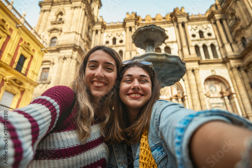 Wallpaper Mural Two Caucasian tourist girls smiling and taking a selfie in front of the cathedral of Malaga. Torontodigital.ca