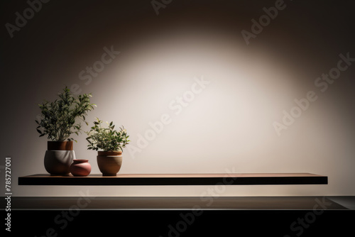 Houseplants in flowerpots on wooden shelf  copyspace. Wood rack  empty with plants along its edge  against dark room background  spotlighted with light emphasizing the plant leaves and shapes
