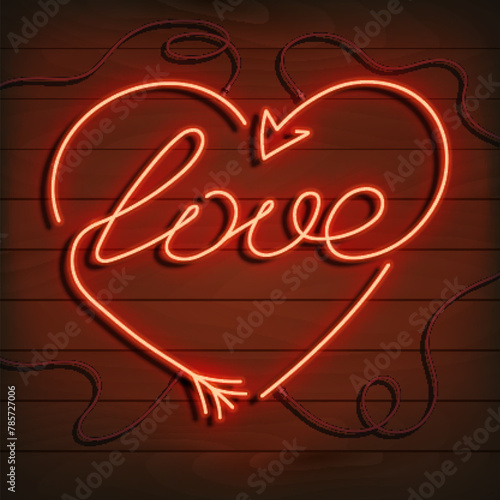 Neon word love. A bright red sign on a wooden wall. Element of design for a happy Valentine s day. Vector illustration.