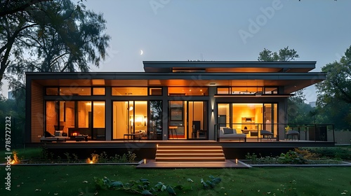 Modern Eco-Friendly Home with Integrated Battery Storage at Twilight. Concept Eco-Friendly Design, Battery Storage, Modern Home, Twilight Ambiance