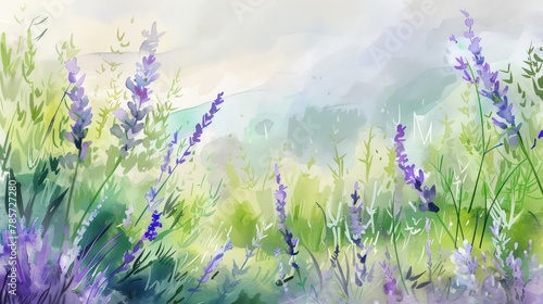 Watercolor impression of a blooming lavender field with a warm and peaceful ambiance  representing calmness  and serenity in nature
