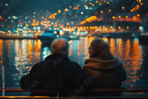 Senior Couple Enjoying Night City View from Cruise Ship