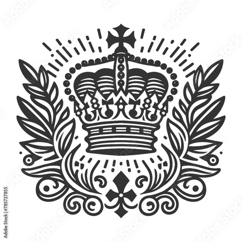 vintage heraldic crest featuring a crown, shield, and ornamental flourishes sketch engraving generative ai vector illustration. Scratch board imitation. Black and white image.