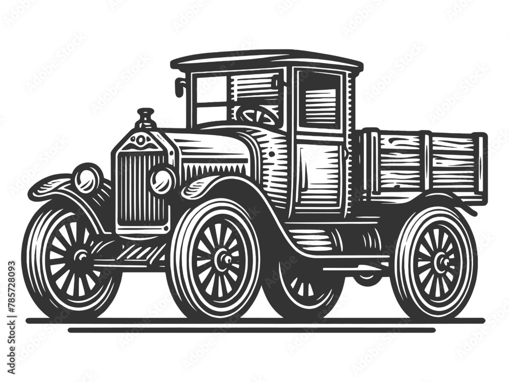 old-fashioned farm truck in a rustic countryside setting sketch engraving generative ai fictional character vector illustration. Scratch board imitation. Black and white image.