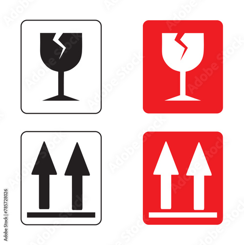 Iconos en negro y rojo de pegatinas para embalaje: cuidado cristal, flechas de este lado arriba. Vector
