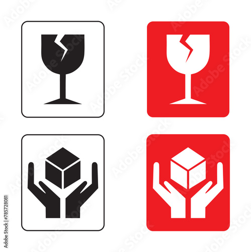 Icono en negro y rojo de pegatinas para embalaje: cuidado cristal, manejar con cuidado, Vector
