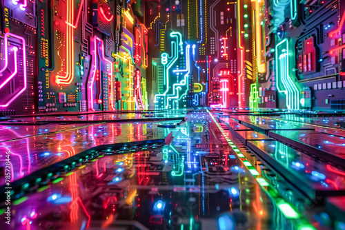 Futuristic circuit board cityscape with vibrant neon lights