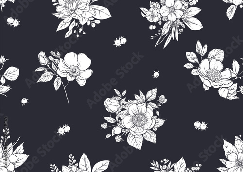 Boutonniere of wild rose flowers and berries Seamless pattern, background. Black and white graphics. Vector illustration. In botanical style