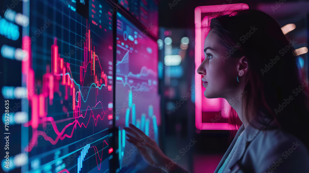 A girl businesswoman, a financial consultant, interacts with an interactive screen that displays charts of stock traders, cryptocurrency rates, analytics against the background of investment charts an