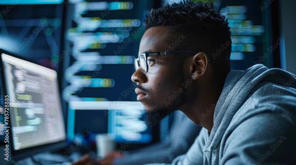 Focused Man Working Late on Multiple Computer Screens Focused Man Working Late on Multiple Computer Screens