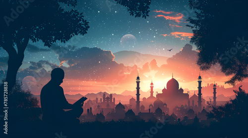 Eid ul Adha Mubarak background illustration with a silhouette of a Muslim man sitting and holding Quran with a view of a mosque.